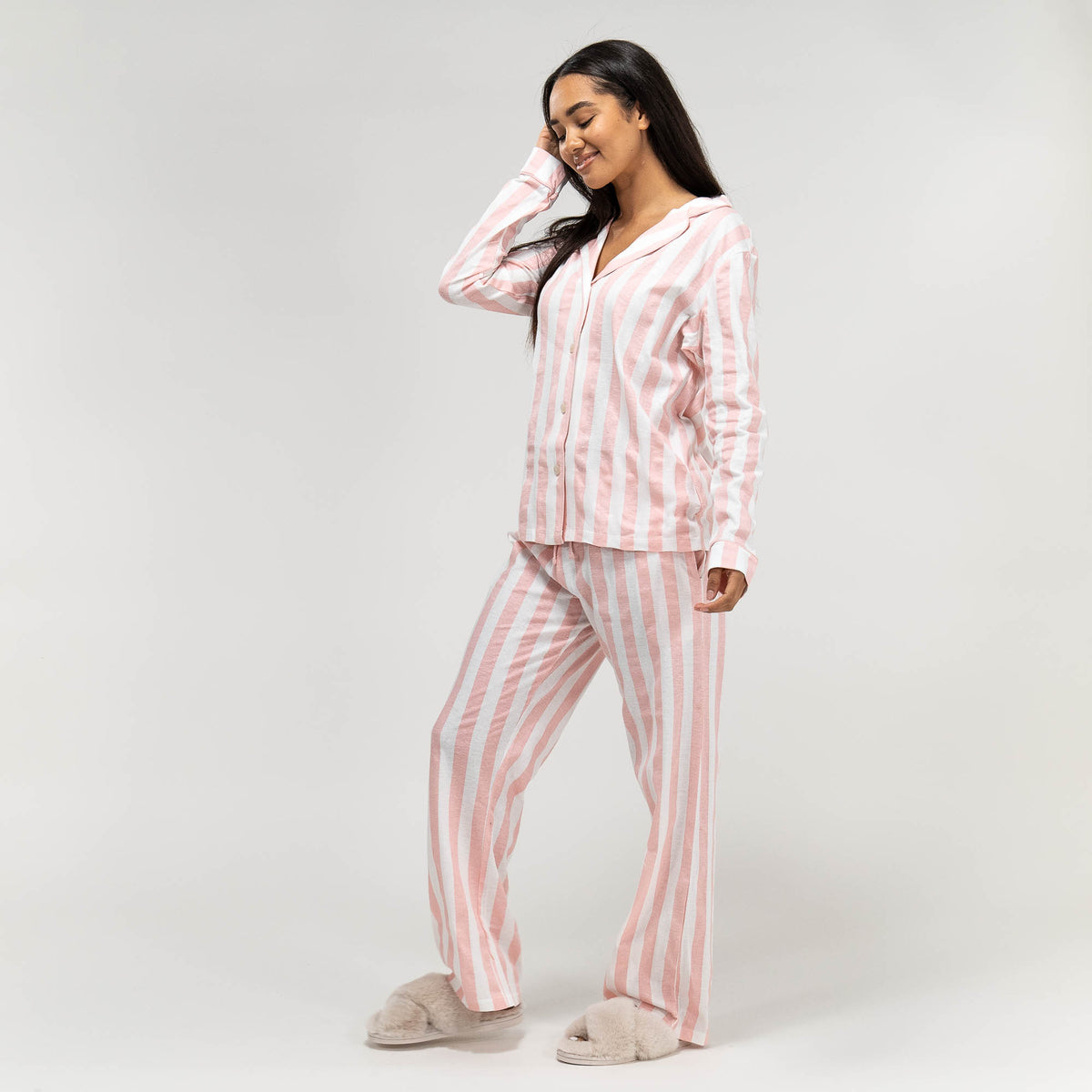 woonadres Boost Onverbiddelijk Jersey Dames Pyjama Streep, Maat: XS-L, Roze / Wit– Big Bertha Original NL